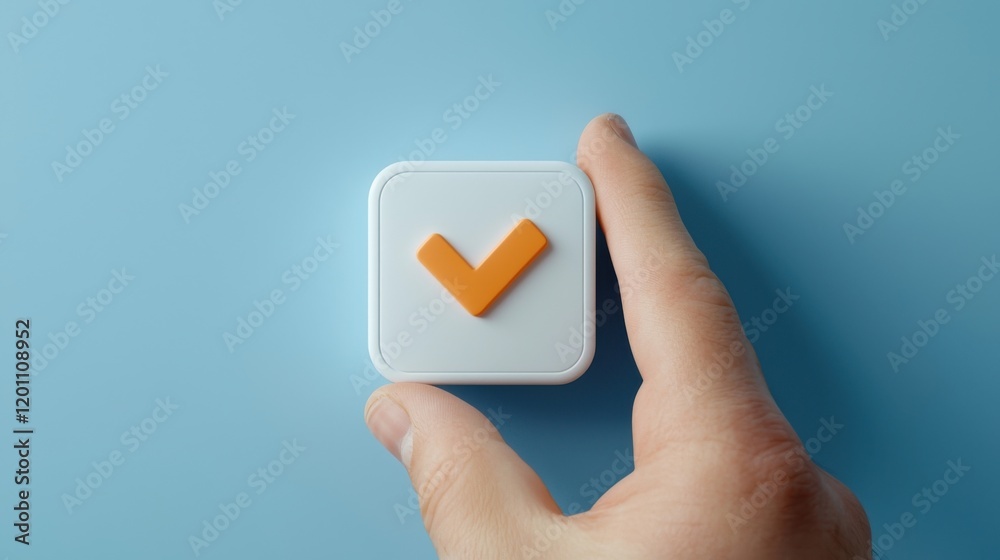 Hand Holding Orange Checkmark Icon on Light Blue Background Hand Holding Orange Checkmark Icon on Light Blue Background