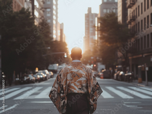 A man in dark skinny jeans and a plain shirt, wearing a short kimono jacket with bold, traditional patterns. Cross-culture background. photo