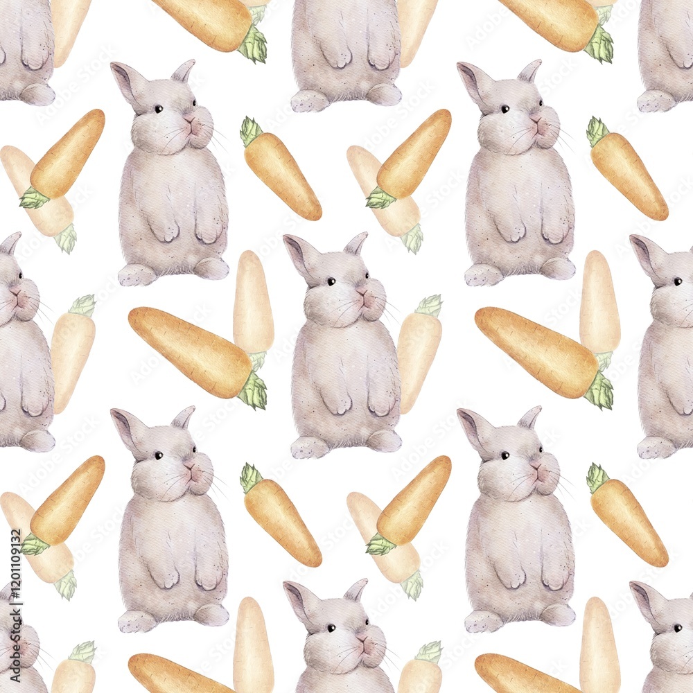 Fototapeta premium Seamless Rabbit Pattern With Carrot. High quality watercolor illustration. Can be used as a design for children's rooms, sticker, wallpaper. Ideal for packages, printing textiles and tableware.
