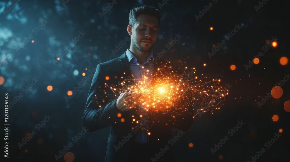 Man with glowing web of light in hands. Man with glowing web of light in hands.
