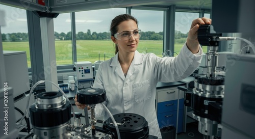 Focused Determination: A female scientist in a lab coat and protective eyewear meticulously works on a scientific experiment, showcasing dedication, precision.