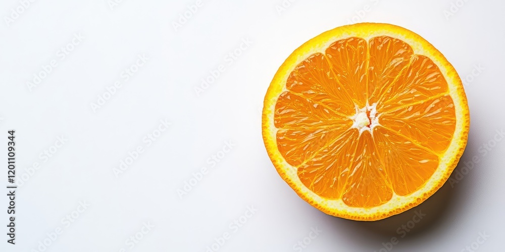 Fototapeta premium Close-up of a vibrant orange segment positioned on the upper left against a bright white background highlighting its juicy texture and color depth.