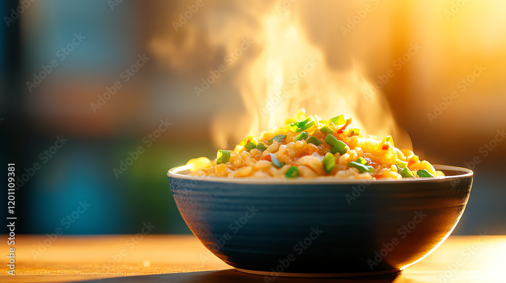 Vietnamese Chao Hen clam porridge, steaming in a ceramic bowl with scallions and chili, [Rustic coastal Asian cuisine, soulful dining]