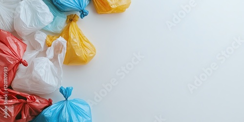 Colorful plastic bags in red blue yellow and white positioned at the top left on a white background emphasizing plastic waste and environmental concern photo