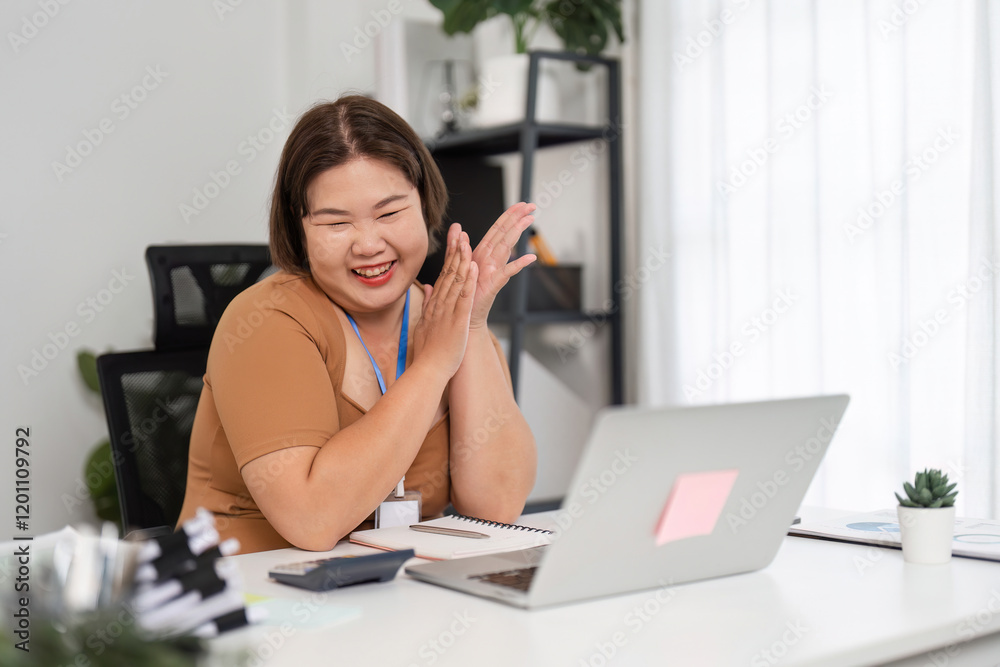 Happy Young Woman Analyzing Financial Documents at Home Office with Laptop and Notepad Happy Young Woman Analyzing Financial Documents at Home Office with Laptop and Notepad