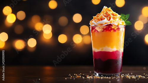 Vietnamese Che Ba Mau three-color dessert, styled in tall glasses with vivid layers in a bustling market setting, [Southeast Asian sweet treats, vibrant textures] photo