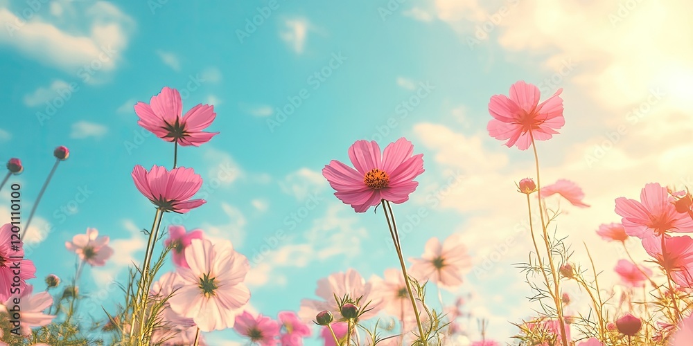 Naklejka premium Vibrant pink cosmos flowers blooming in a sunny garden against a bright blue sky with fluffy clouds creating a cheerful summer atmosphere