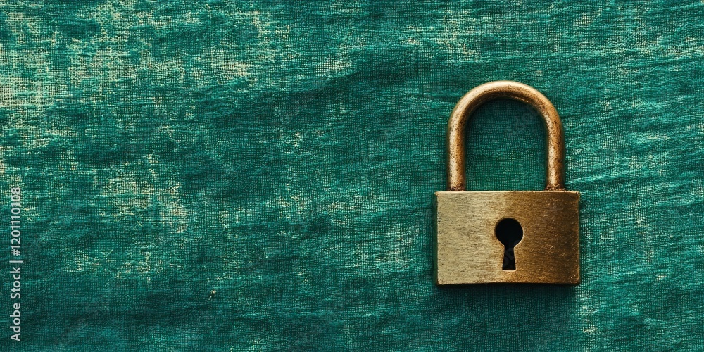 Fototapeta premium Bronze padlock placed on a textured green background with soft lighting highlighting its details and keyhole positioned slightly off-center.
