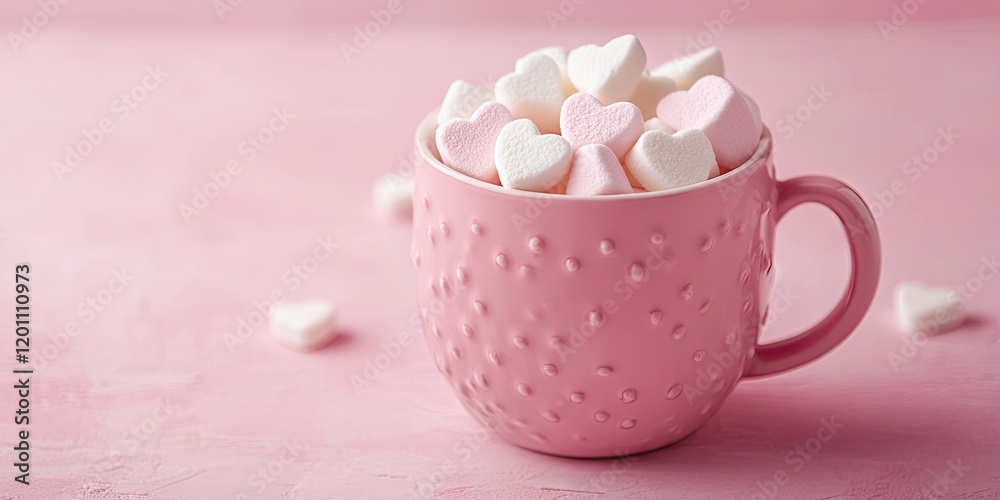 Pink textured mug overflowing with heart-shaped marshmallows on a soft pink background, ideal for a romantic Valentine's Day theme. Pink textured mug overflowing with heart-shaped marshmallows on a soft pink background, ideal for a romantic Valentine's Day theme.