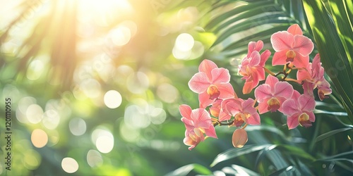 Vibrant pink Vanda orchids bloom against softly blurred green foliage with a bokeh effect illuminated by warm sunlight in a tropical garden setting photo