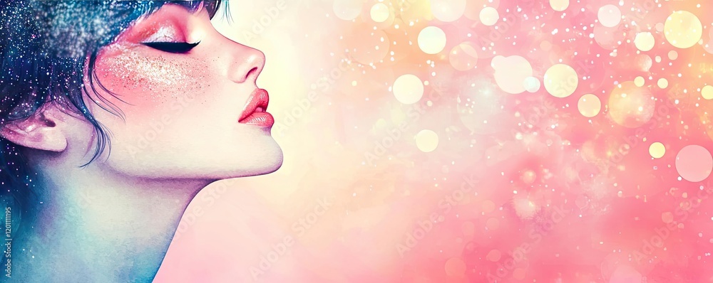 Glitter watercolor idea. A serene profile of a woman with artistic makeup against a soft, colorful backdrop. Glitter watercolor idea. A serene profile of a woman with artistic makeup against a soft, colorful backdrop.
