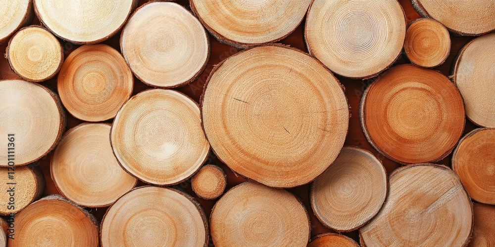 Textured wooden circles stacked harmoniously in warm beige and brown tones creating a rustic background with ample copy space for design use Textured wooden circles stacked harmoniously in warm beige and brown tones creating a rustic background with ample copy space for design use