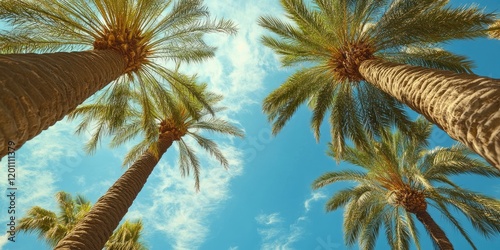 Majestic palm trees viewed from below against a bright blue sky with fluffy clouds creating a serene vacation vibe ideal for leisure themes. photo