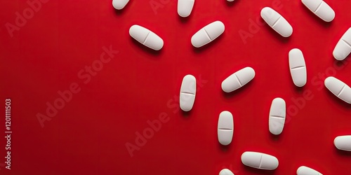 White pills scattered on a vibrant red background with ample empty space for text in the lower right corner representing a medical concept.