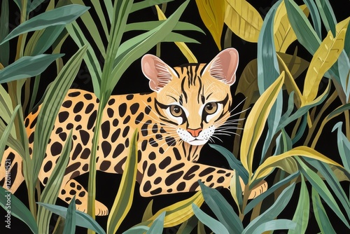 A striking image of an ocelot prowling through dense undergrowth, spotted coat camouflaged.
