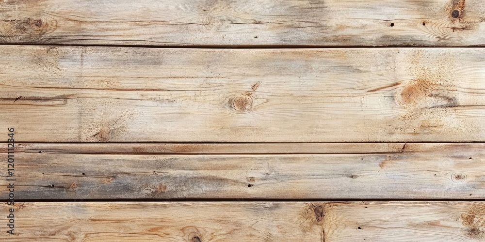 Fototapeta premium Wooden plank texture background featuring light brown tones with natural knots and grain patterns, horizontal alignment provides ample empty space for overlay.