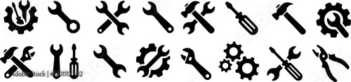 Tools and Service icons set. Wrench, screwdriver and gear icon. Screwdriver and wrench glyph icon. Settings and repair, service sign - stock.