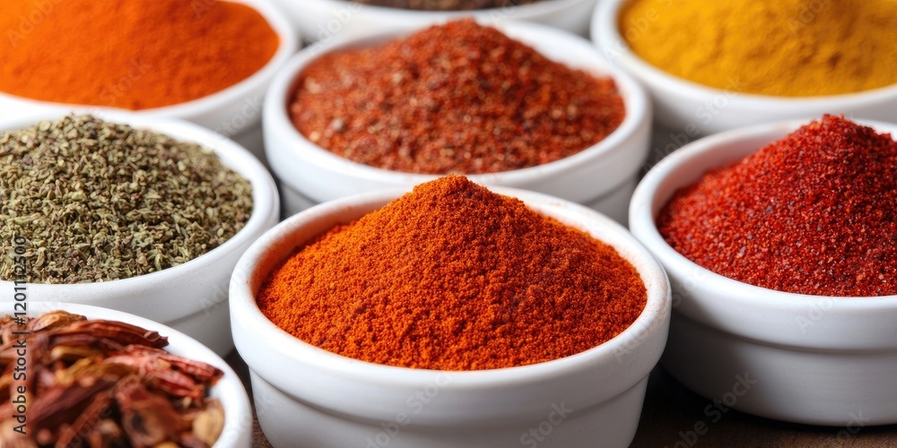 Vibrant spices in white bowls arranged in a circle featuring red paprika, yellow turmeric, green herbs, and orange chili powder on a rustic background Vibrant spices in white bowls arranged in a circle featuring red paprika, yellow turmeric, green herbs, and orange chili powder on a rustic background