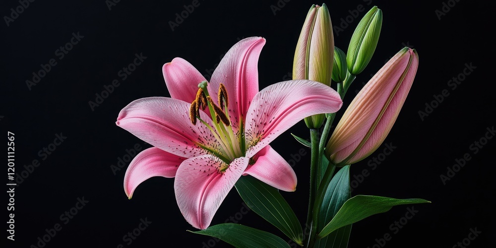Fototapeta premium Close up of a pink lily with open flower and unopened green buds positioned on the left against a black background showcasing vibrant details