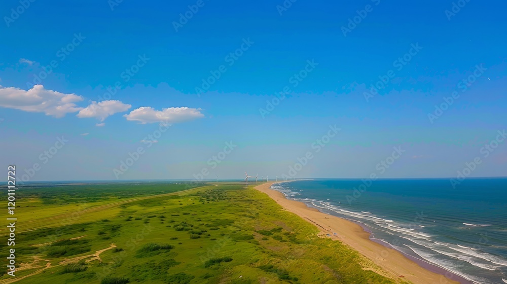 Fototapeta premium Windmills and Solar Panels Farm in Green Fields by the Ocean
