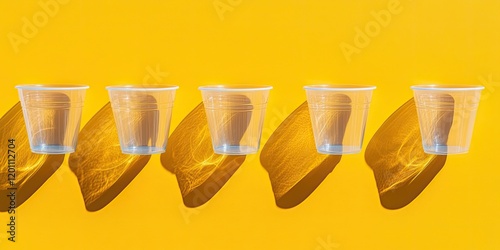 Transparent plastic cups arranged sequentially on a vibrant yellow backdrop casting distinct shadows in varying sizes and angles. photo