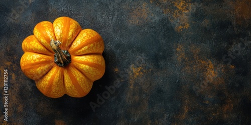 Golden autumn pumpkin centered on dark textured backdrop with ample copy space enhancing warm harvest theme perfect for Thanksgiving celebrations. photo