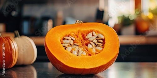 Sliced orange pumpkin on kitchen counter with visible seeds front view closeup warm tones blurred background highlights autumn produce