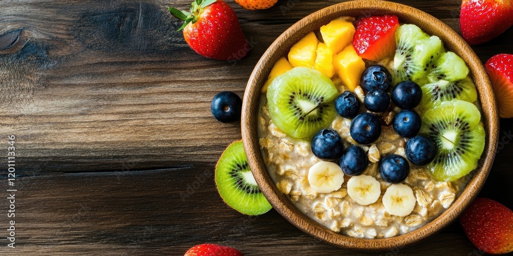 Nutritious oatmeal porridge in a wooden bowl topped with vibrant blueberries, kiwi, mango, and strawberries on a rustic wooden background. Nutritious oatmeal porridge in a wooden bowl topped with vibrant blueberries, kiwi, mango, and strawberries on a rustic wooden background.