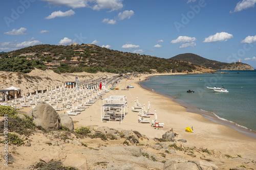 Beautiful beach in Chia, in Southern Sardinia, with white sand and transparent and turquoise water