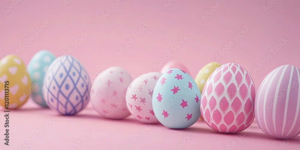 Fototapeta premium Pastel colored Easter eggs with floral and geometric designs arranged in a row on a soft pink background creating a festive ambiance