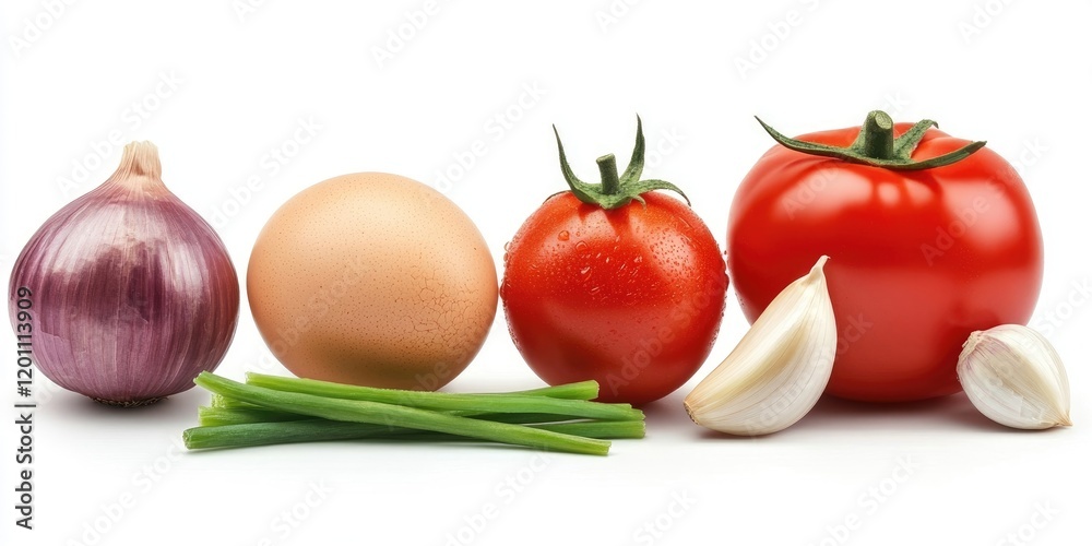 Fresh vegetables and egg arranged from left to right: purple onion, egg, tomato, green onion, garlic cloves on a white background. Fresh vegetables and egg arranged from left to right: purple onion, egg, tomato, green onion, garlic cloves on a white background.