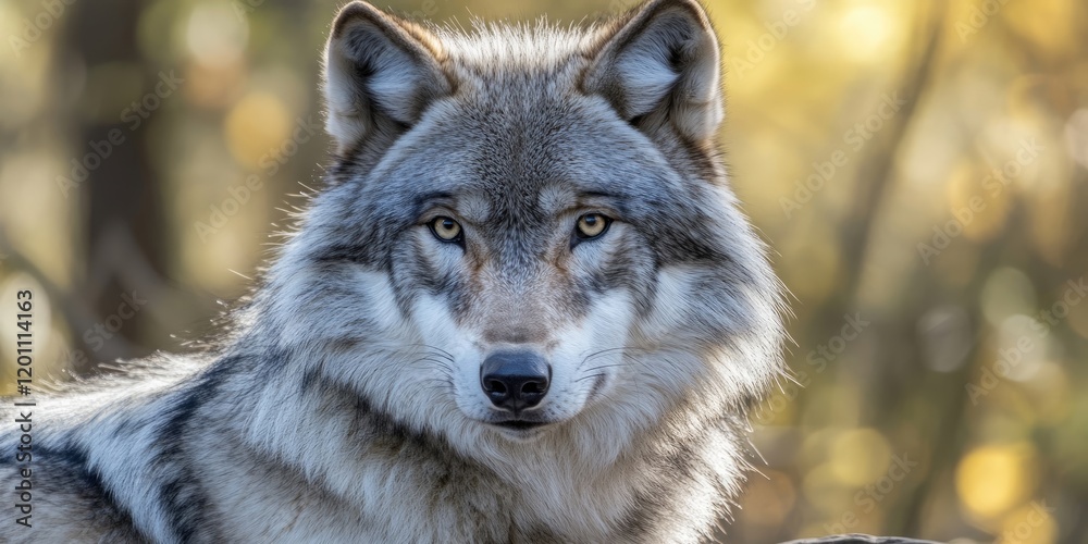 Fototapeta premium Gray Wolf Canis lupus close-up portrait with soft focus background showcasing golden and green hues, highlighting its intense amber eyes and fur details.