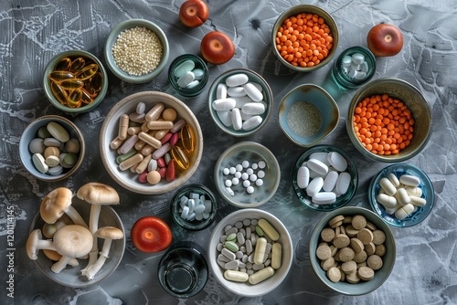 Various dietary supplements and herbs arranged on a textured surface in natural light