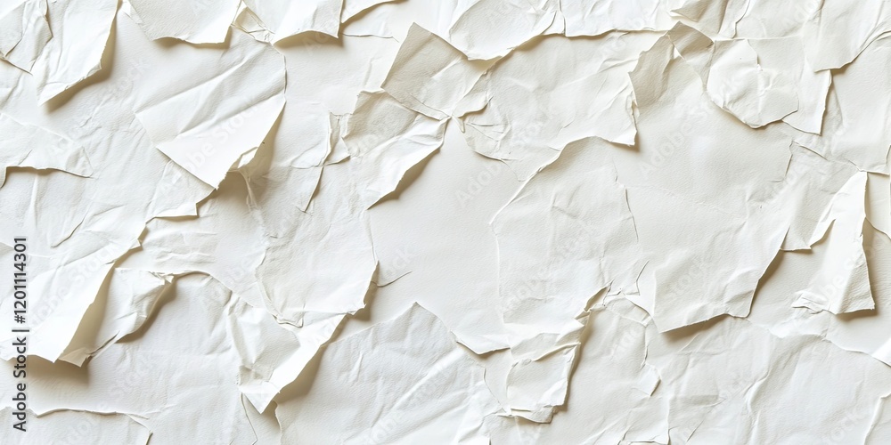 Obraz premium Crumpled beige paper texture with irregular folds and creases on a clean white background creating a subtle depth and visual interest.