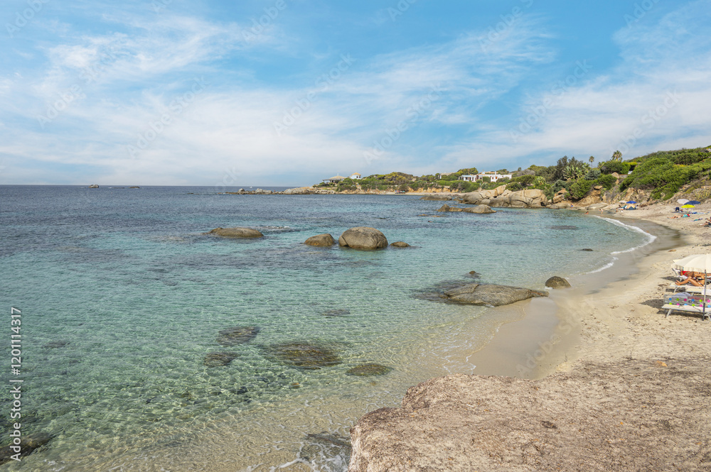 Cala Caterina beach in Villasimius with turquoise and transparent water