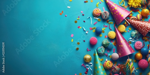 Colorful party background with blue base featuring party hats in pink and gold, sweets in vibrant colors, and confetti arranged on the left. photo