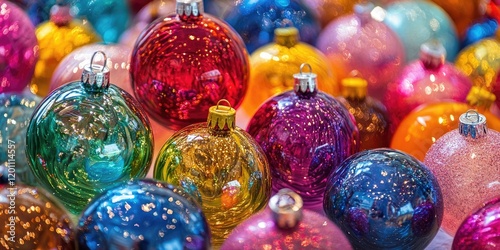 Colorful assortment of shiny glass Christmas ornaments in vibrant hues of red, blue, green, and gold arranged closely together on a surface.