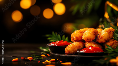 Brazilian Coxinha chicken croquettes, plated with dipping sauces in a tropical street food setting, [South American snacks, festive textures] photo