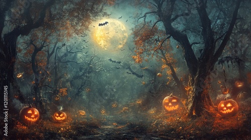 Eerie halloween forest with glowing jack-o’-lantern pumpkins, silhouetted bats, full moon, and spooky trees in a dark and mysterious atmosphere.


 photo