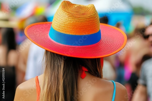 A girl in a vibrant panama hat admires the excitement of a lively summer music festival, surrounded by fellow festival-goers and colorful decorations photo