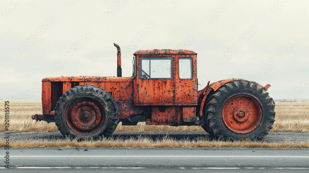 Rusty tractor roadside, field background, autumn, agriculture, abandoned Rusty tractor roadside, field background, autumn, agriculture, abandoned