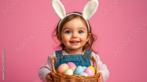 Portrait of a smiling toddler girl with bunny ears holding easter eggs
