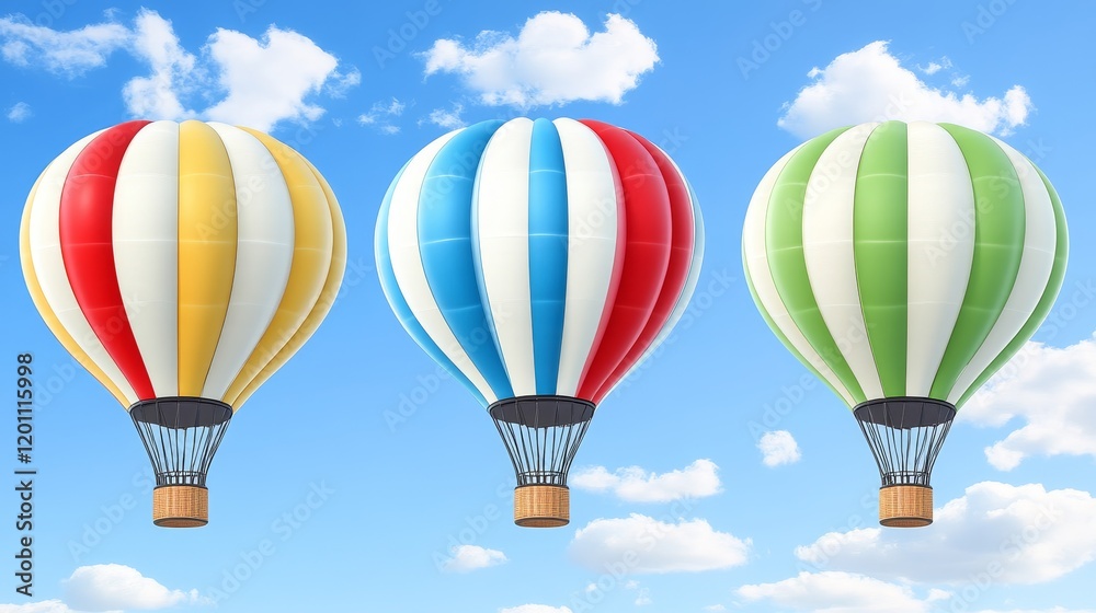 Naklejka premium Three vibrantly colored hot air balloons ascending against a clear blue sky