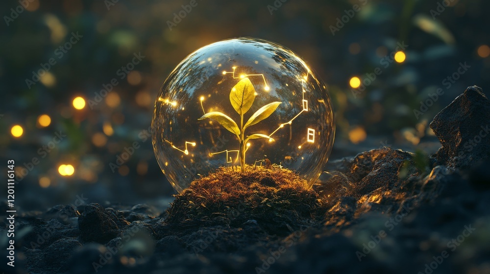 Ethereal lightbulb terrarium with growing seedling, circling holographic eco symbols, magical golden light rays, crystalline glass sphere, environmental energy concept, floating power elements, dark Ethereal lightbulb terrarium with growing seedling, circling holographic eco symbols, magical golden light rays, crystalline glass sphere, environmental energy concept, floating power elements, dark