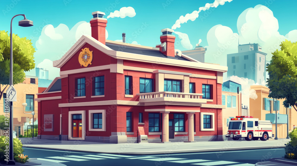 Police department and fire station building icons. Vector official institutions architecture, governmental municipal emergency service house facades. Cartoon firehouse and security patrol real estate Police department and fire station building icons. Vector official institutions architecture, governmental municipal emergency service house facades. Cartoon firehouse and security patrol real estate