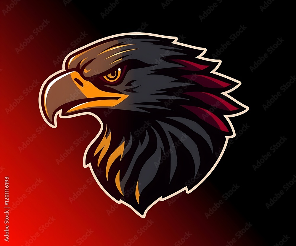 Fototapeta premium A stylized illustration of a fierce eagle's head against a dramatic red and black background.