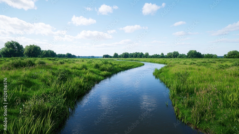 Serene river winding through lush green fields under a blue sky. Serene river winding through lush green fields under a blue sky.