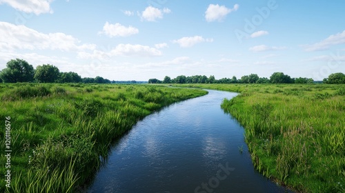 Serene river winding through lush green fields under a blue sky.