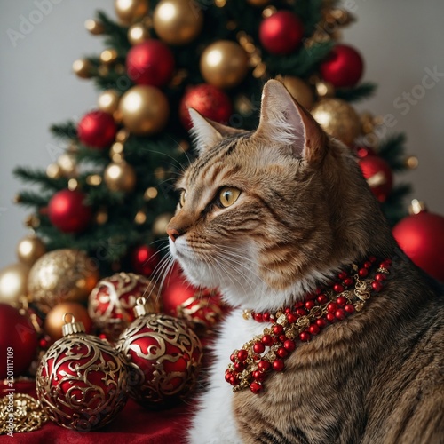 A Turkish cat surrounded by red and gold ornaments for the holiday season.