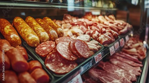 Meat and butcher shop grocery products. Gourmet sausages and meaty delicatessen gastronomy, pork bacon, ham or pepperoni and salami, smoked beef brisket or cervelat and chicken leg